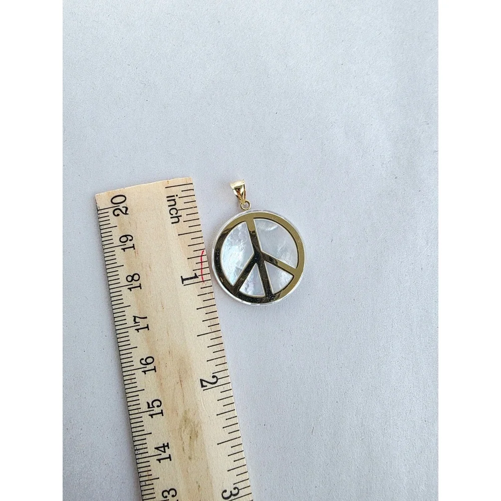 14K Yellow Gold Peace Sign Pendant Mother of Pearl Shell Charm 1 Inch